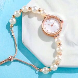 SALE Rose Gold Filled Chain Pearl Iridescent Inlay Wrist Watch